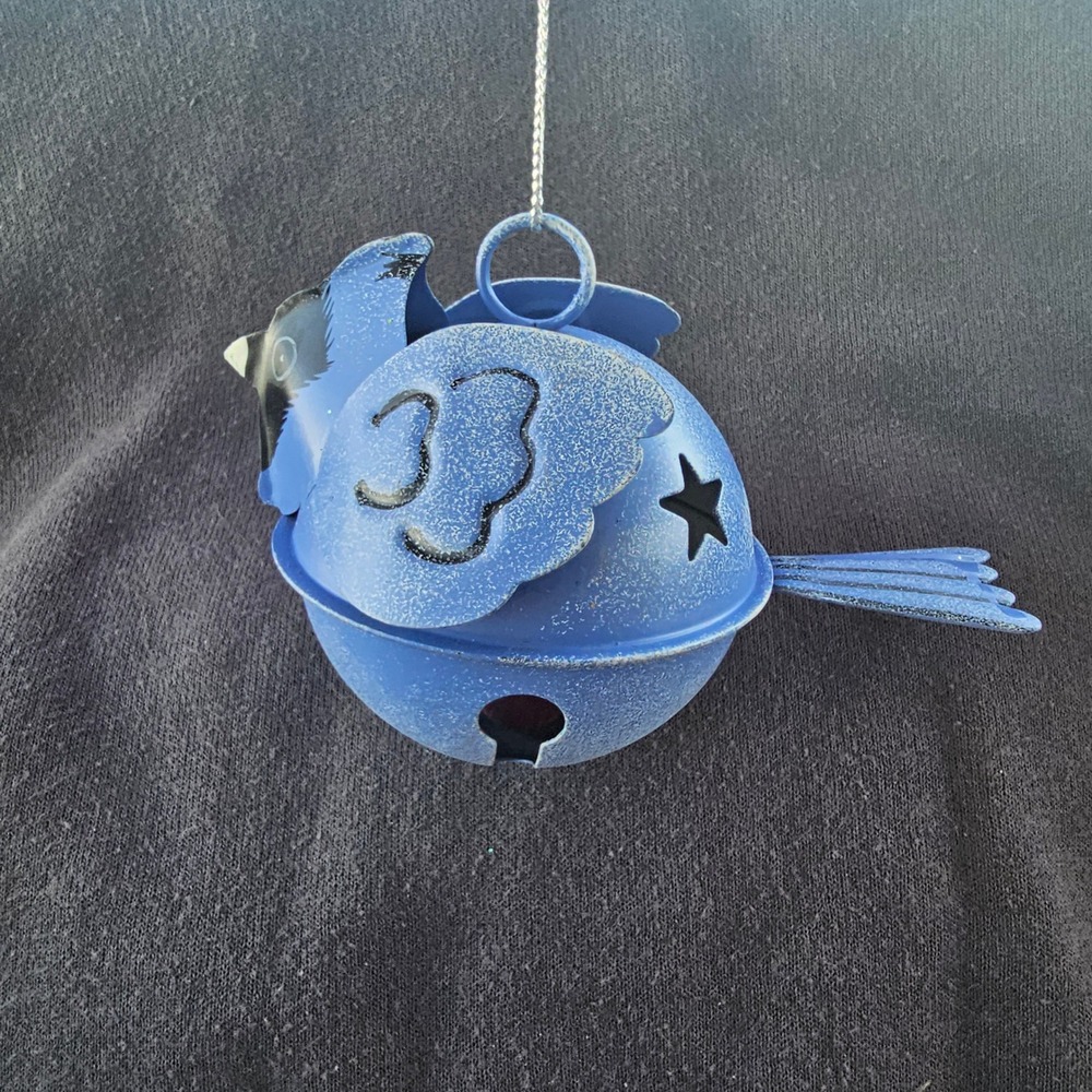Blue Jay Metal Jingle Bell Ornament Rustic Bird Holiday Decor Blue Black